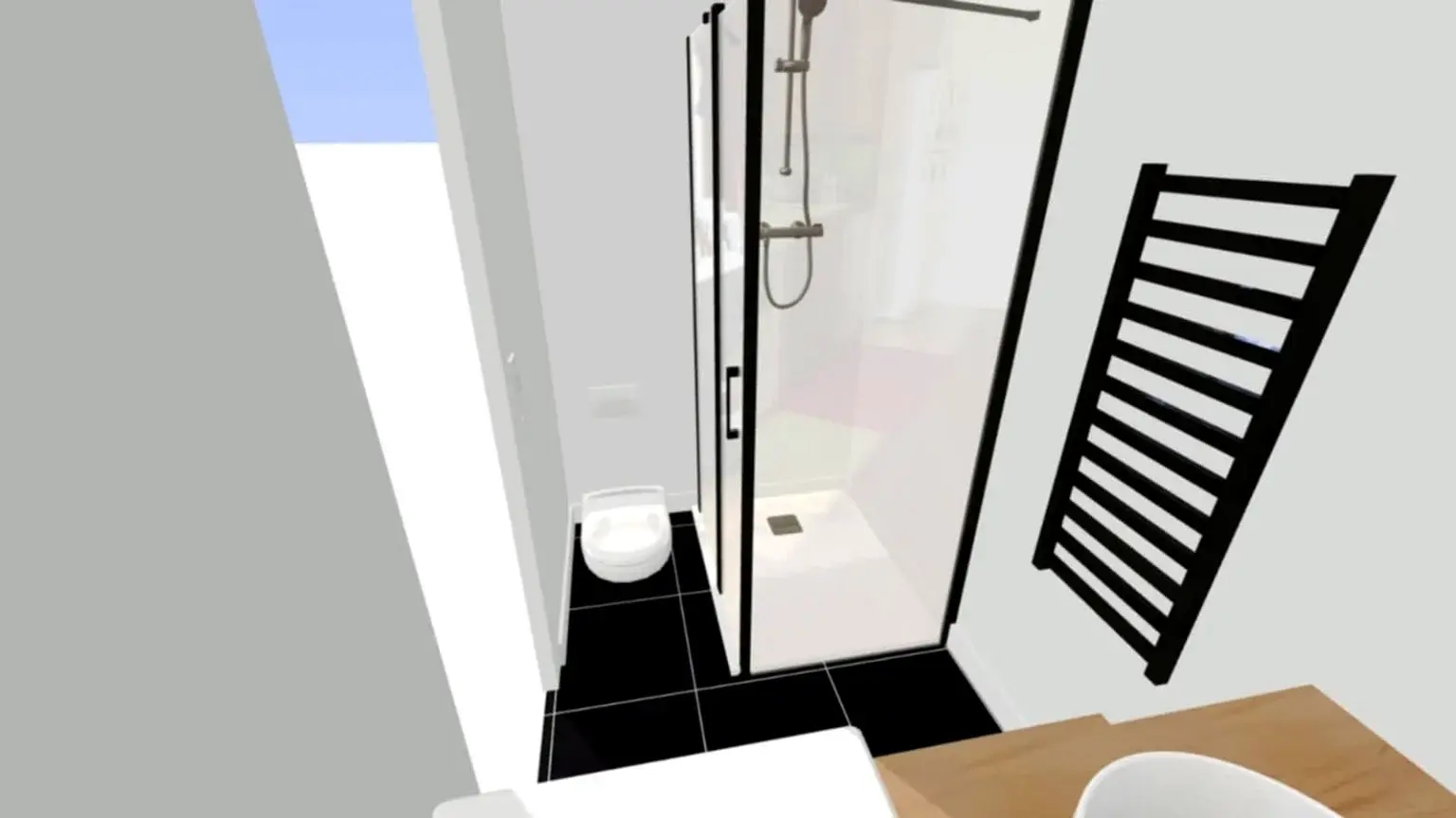Modélisation 3D d’une salle de bains compacte avec douche, toilettes et sèche-serviettes.