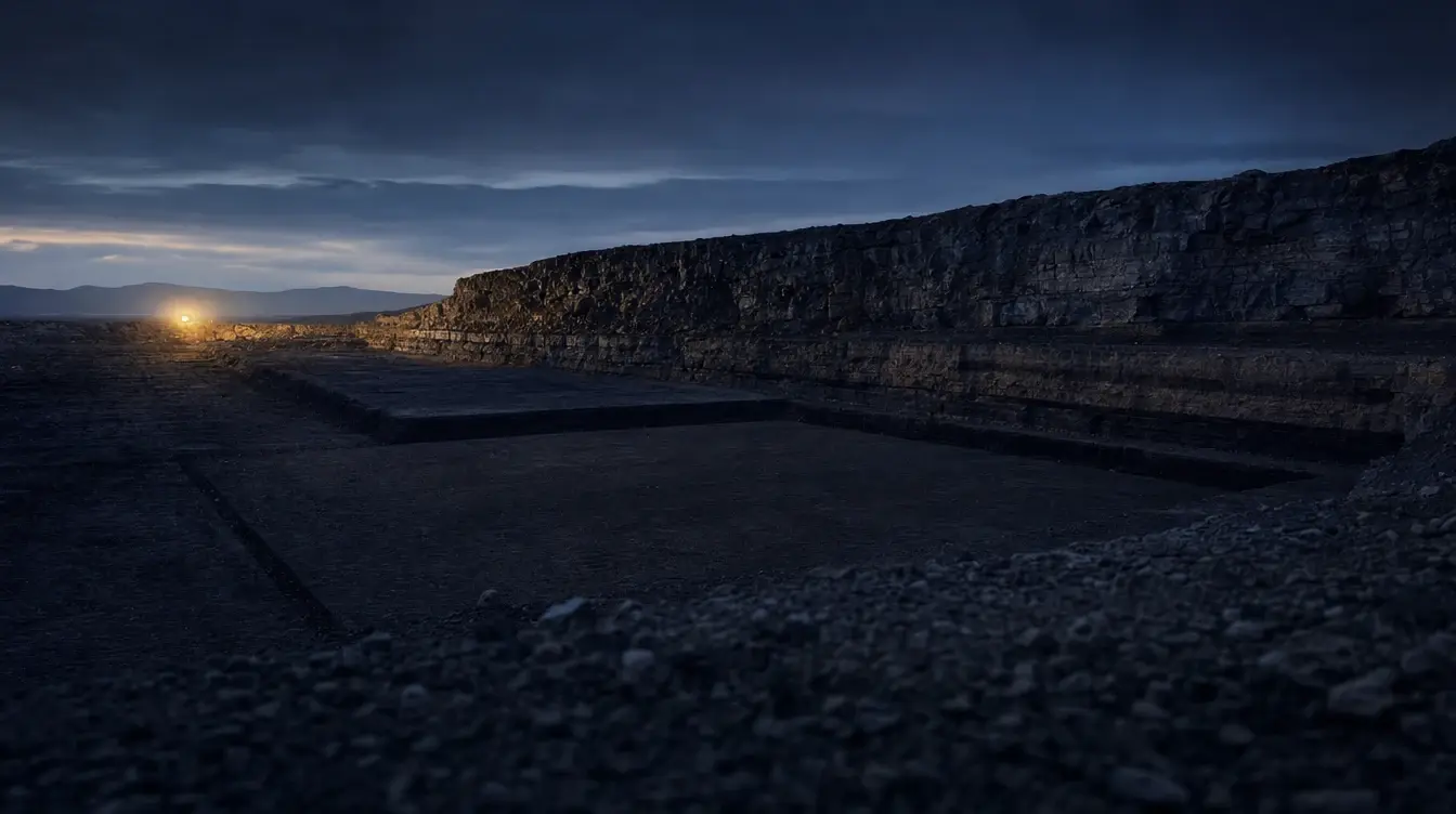 Illustration générée — fondation excavée dans la roche volcanique, au crépuscule
