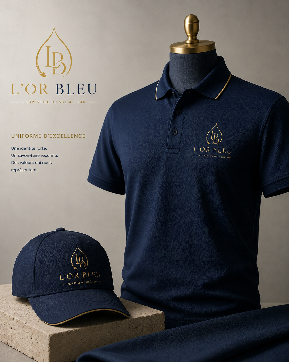 Illustration de tenues de chantier aux couleurs de L’OR BLEU